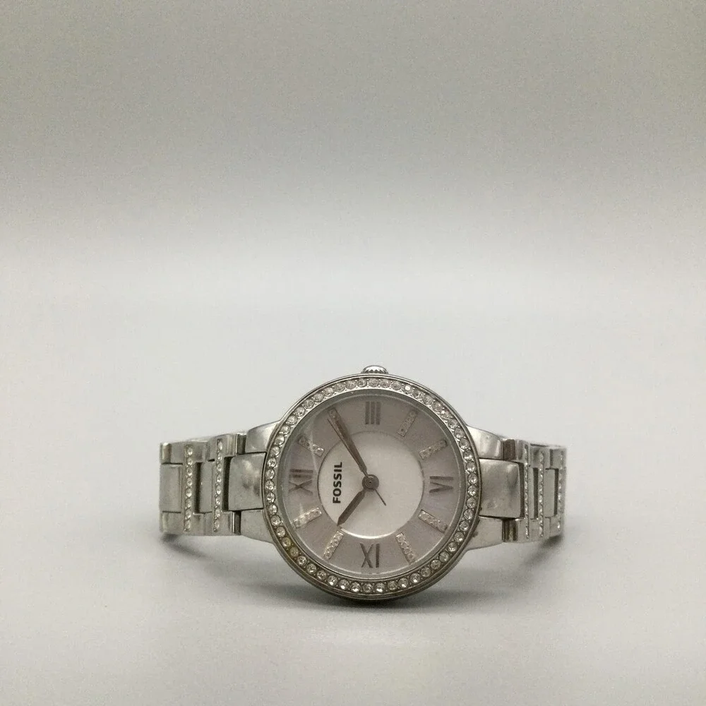 Fossil Virginia ES3282 Womens Watch 30mm Silver Tone Crystals New Battery 7.25